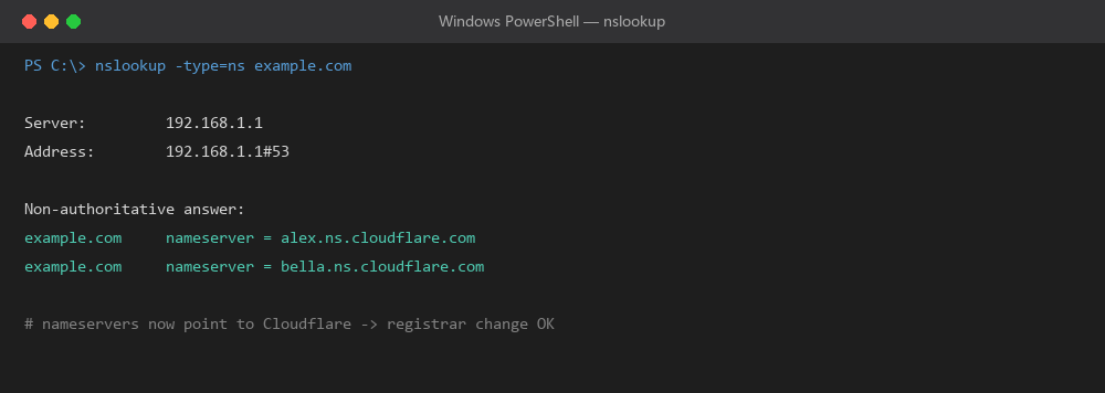 nslookup 返回 Cloudflare 的 nameserver，说明 NS 已生效
